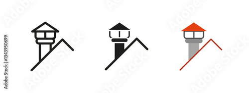 Chimney icon. House roof ventilation vector illustration. Exhaust system symbol for smoke release. Home heating and fire safety sign. Architectural structure pictogram.