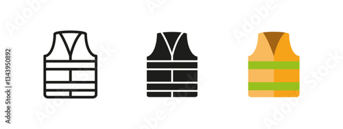 Vest icon. High-visibility safety vest vector illustration. Protective workwear symbol. Reflective clothing for construction and industrial safety. Security and hazard prevention pictogram.