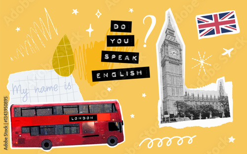 Do you speak English collage, UK flag, Big Ben tower, double decker bus cutout elements set on yellow vision board background. English language school graphics set, paper scrapbooking template