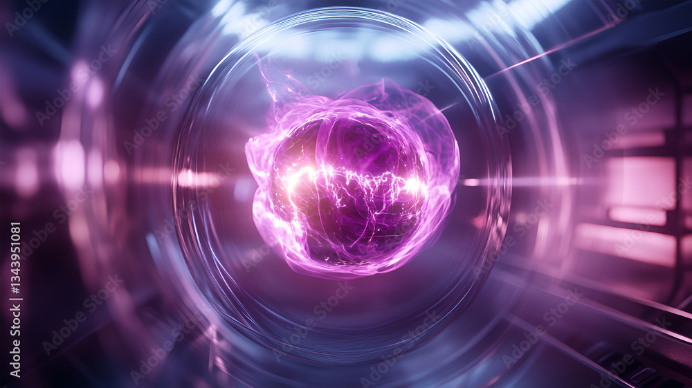 Obraz premium High-Tech Futuristic Energy Core Glowing with Purple Plasma Inside Transparent Containment Unit