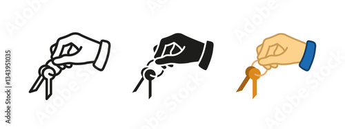 Real estate icon. Hand holding a key vector illustration. Property ownership and transaction symbol. Representation of renting, buying, or selling a home. Security and investment pictogram.