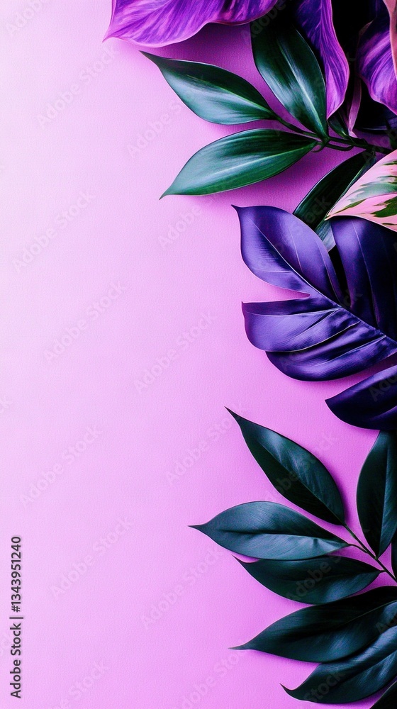 A close-up of two identical purple backgrounds with green leafy plants, one on each side A close-up of two identical purple backgrounds with green leafy plants, one on each side
