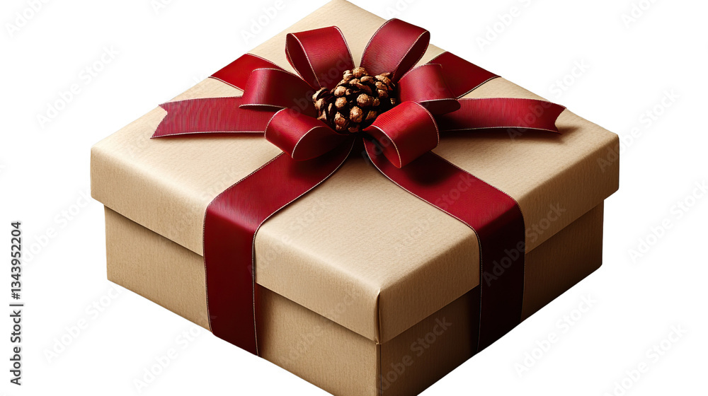 Obraz premium Gift of Elegance: A beautifully wrapped present, adorned with a rich, textured red ribbon and bow, symbolizes the joy of giving and receiving.