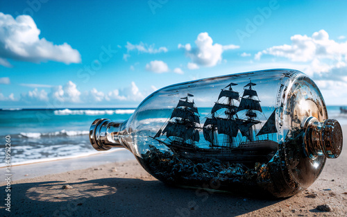 A ship inside a glass bottle rests on a sandy beach, with ocean waves and a bright blue sky visible in the background, creating a unique maritime scene.