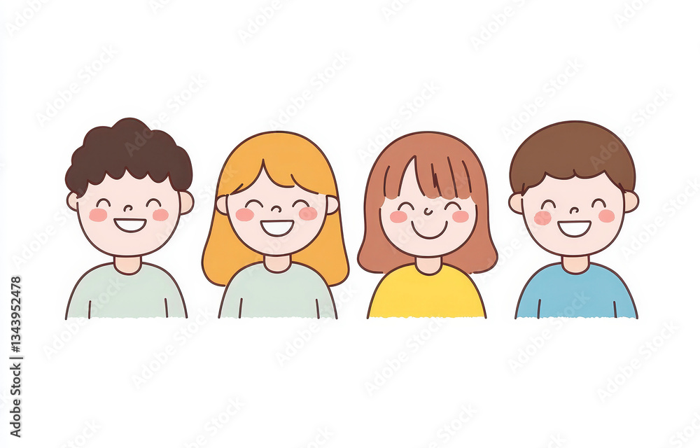Simple illustration of four happy diverse individuals in colorful outfits Simple illustration of four happy diverse individuals in colorful outfits