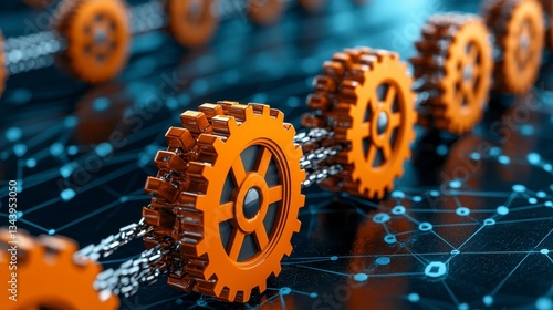 Interconnected Gears On Dark Blue Background With Abstract Network Pattern