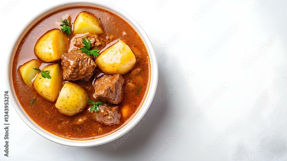 A bowl of hearty beef stew with potatoes and garnish, showcasing a rich, savory broth. Concept Hearty Beef Stew, Savory Broth, Potatoes, Comfort Food, Rustic Presentation A bowl of hearty beef stew with potatoes and garnish, showcasing a rich, savory broth. Concept Hearty Beef Stew, Savory Broth, Potatoes, Comfort Food, Rustic Presentation