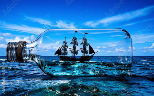 A miniature sailing ship inside a clear glass bottle adrift on the ocean with a bright blue sky and gentle waves.