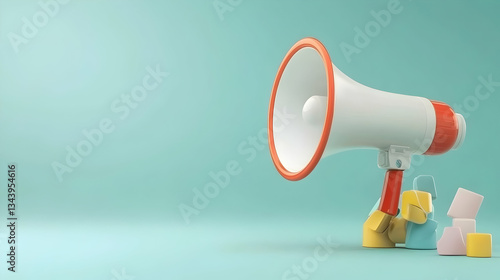 Colorful blocks near megaphone announcement pastel background; marketing campaign