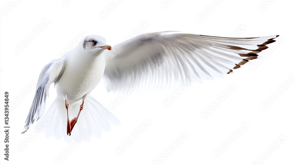 Obraz premium A seagull soaring gracefully in flight against a crisp white background