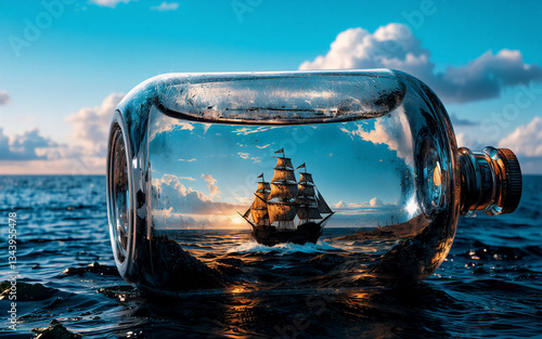 A ship in a glass bottle floats on the ocean under a vibrant sunset sky with clouds. The bottle reflects the surrounding sea and sky, creating a surreal scene.