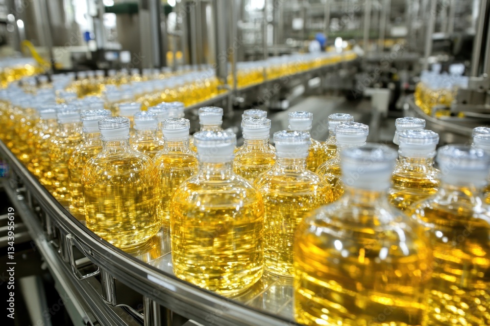 Bottles of Cooking Oil on Production Line in Manufacturing Facility Bottles of Cooking Oil on Production Line in Manufacturing Facility