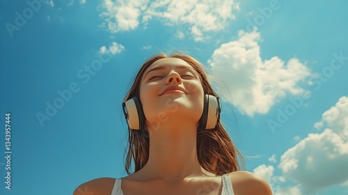 A young woman with long brown hair enjoys listening to music with headphones under a bright summer sky.