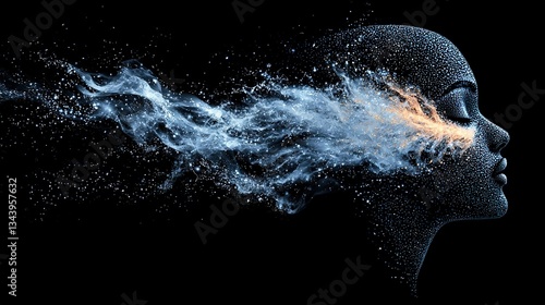   A head shrouded in smoke and dust emanates from the crown and base, respectively