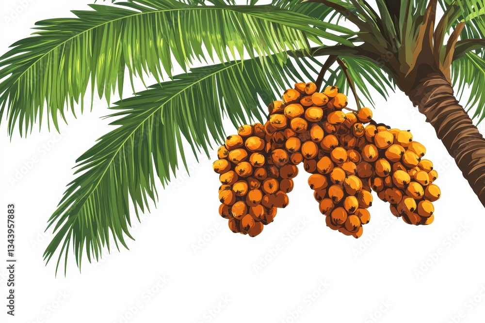 Bright Orange Fruit Bunch Hanging from Tropical Palm Tree Leaf