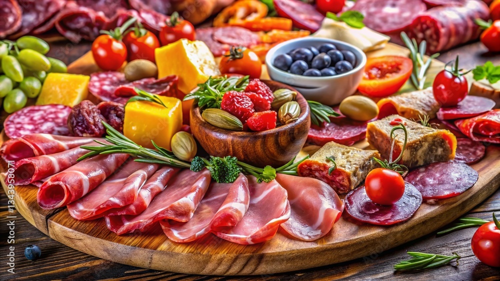 Exquisite Colorful Gourmet Meat Platter: Artisan Charcuterie Appetizer Close-Up Exquisite Colorful Gourmet Meat Platter: Artisan Charcuterie Appetizer Close-Up