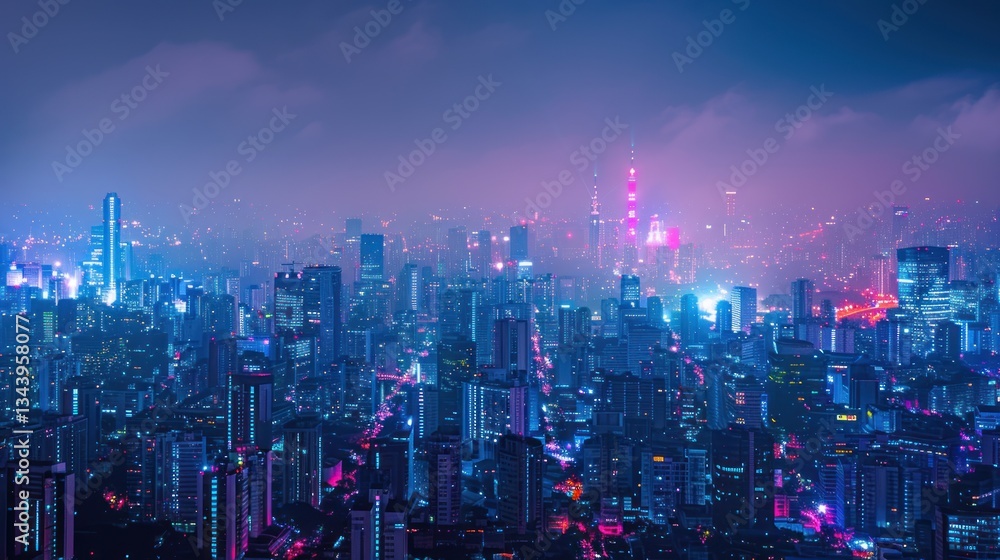 Fototapeta premium Futuristic Cityscape at Night with Vibrant Neon Lights and Dense Fog