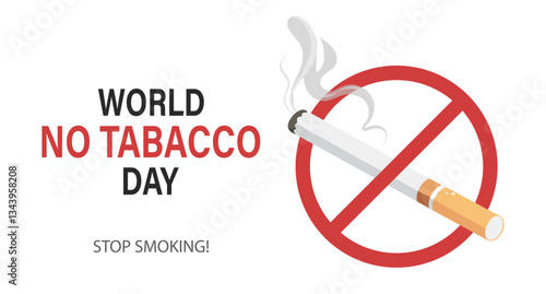 World No Tobacco Day banner with cigarette and forbidden sign. Stop smoking concept background.