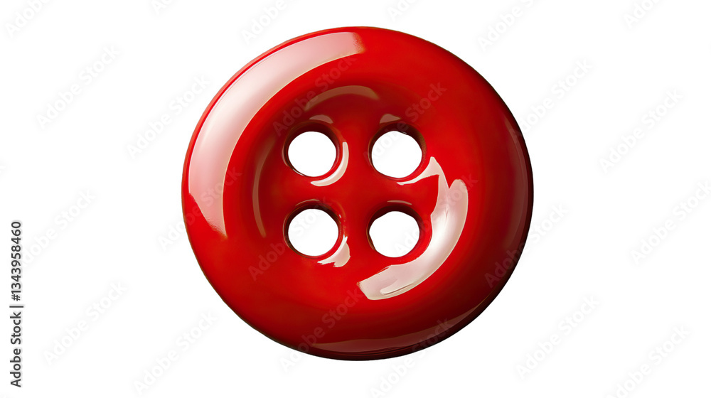 Fototapeta premium Buttoned Up: A vibrant close-up showcases a glossy, red button, its holes perfectly aligned, radiating simplicity and functionality.