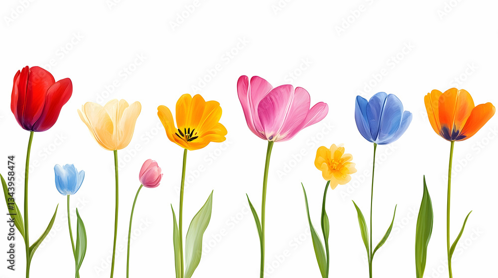 Fototapeta premium Colorful tulips spring border; floral design for greeting cards