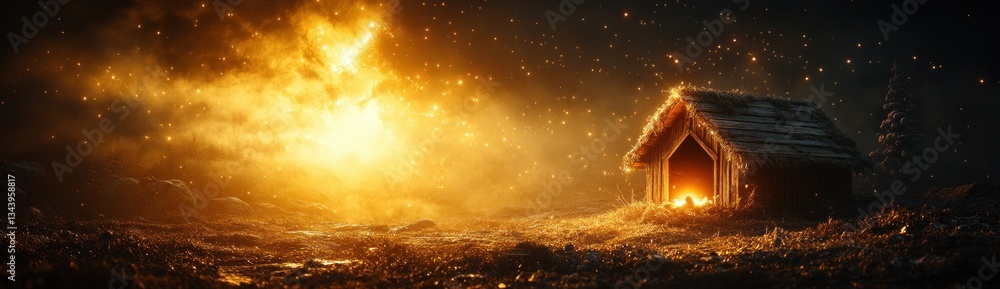 Naklejka premium Nativity Scene Wooden Manger Birth of Jesus Christ Christian Christmas Night Holy Spirit Emmanuel Savior