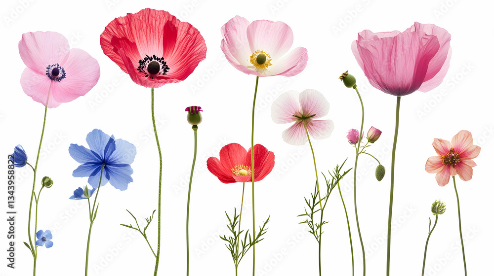 Obraz premium Colorful wildflowers, studio shot, white background, floral arrangement, perfect for greeting cards