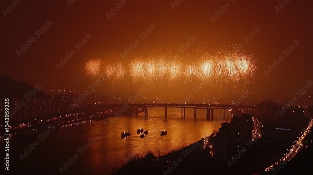 Fototapeta premium Panoramic view capturing a city celebration with bridge and fireworks