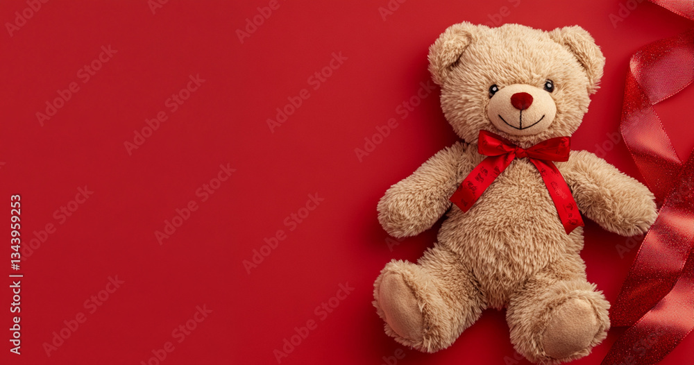 teddy bear with ribbon on red background teddy bear with ribbon on red background
