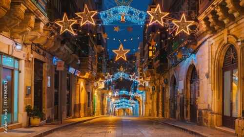 Festive street view decorated with twinkling Christmas lights in Valletta, Malta