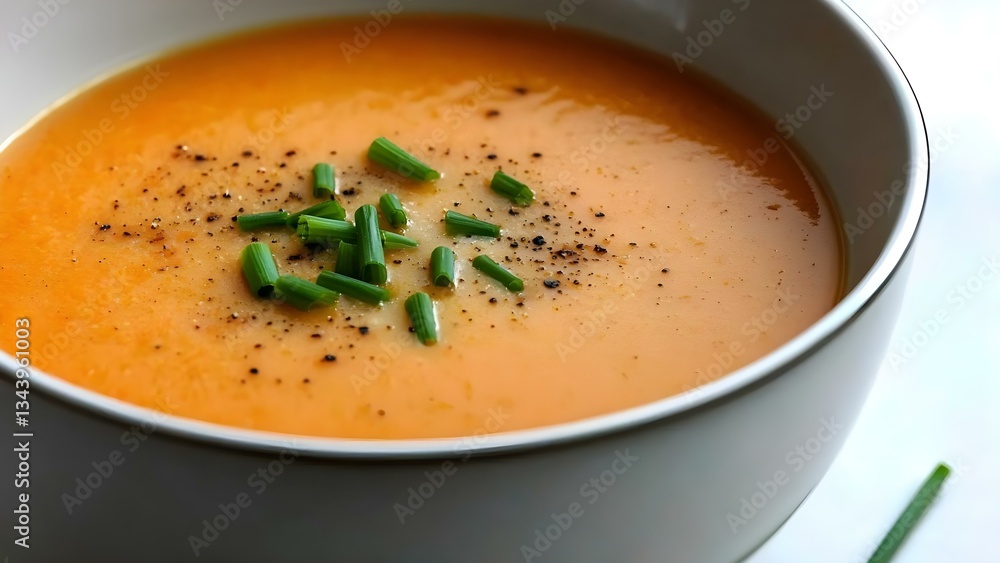 A bowl of creamy orange soup topped with chopped green chives and black pepper. Concept Creamy Orange Soup, Chopped Green Chives, Black Pepper Garnish, Comfort Food, Fall Recipe A bowl of creamy orange soup topped with chopped green chives and black pepper. Concept Creamy Orange Soup, Chopped Green Chives, Black Pepper Garnish, Comfort Food, Fall Recipe