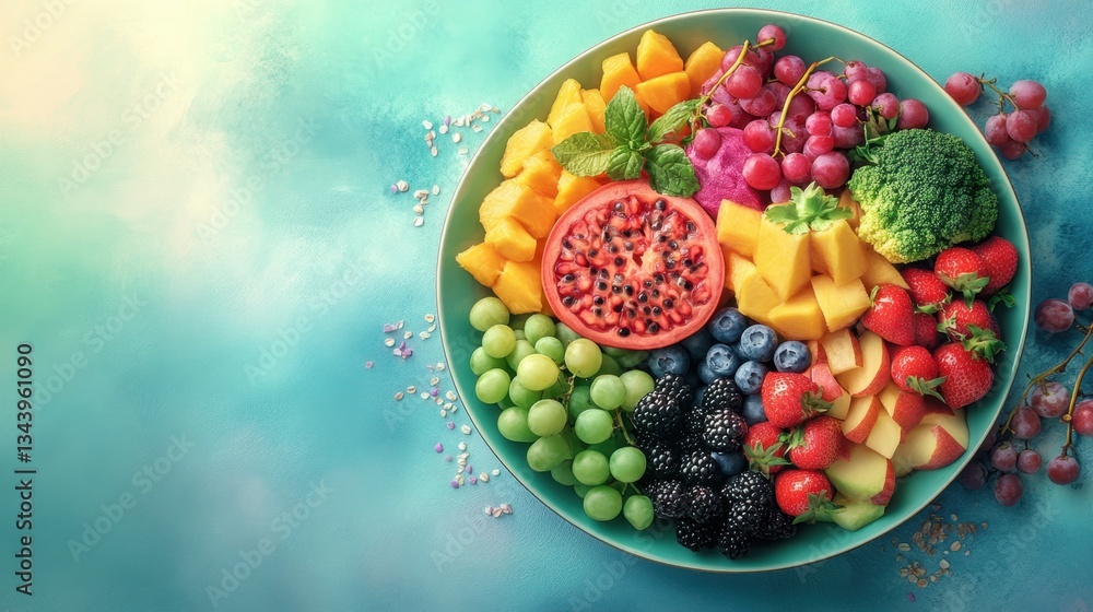 A vibrant arrangement of assorted fruits on a teal background, perfect for healthy eating. A vibrant arrangement of assorted fruits on a teal background, perfect for healthy eating.
