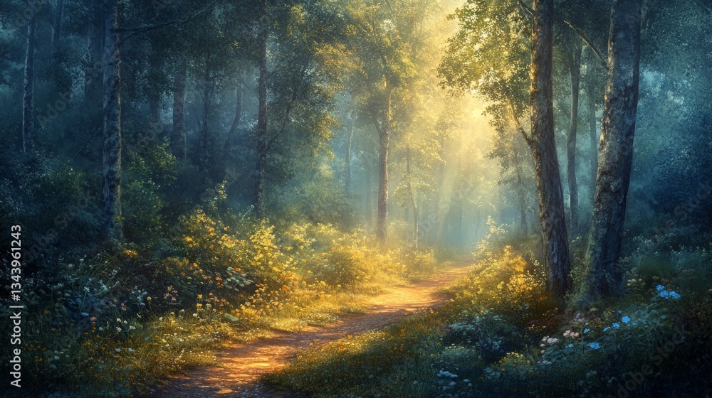 Obraz premium A forest trail in sunlight, a beautiful backdrop for meditative or nature projects that create an atmosphere of peace and tranquility