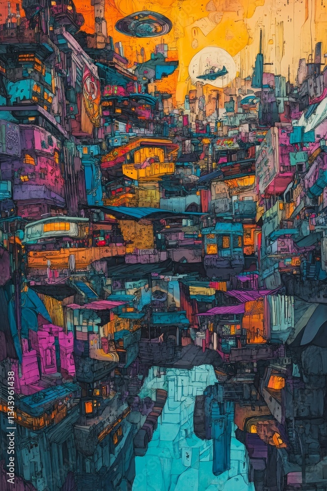 Fototapeta premium Colorful futuristic cityscape with spaceships in the sky.