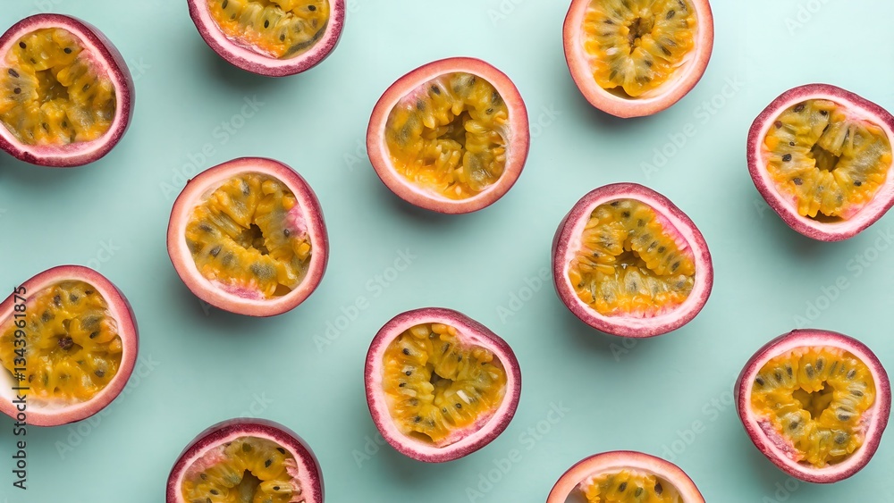 A vibrant flat lay image showcasing fresh passionfruit halves, emphasizing their juicy texture and colorful appearance, perfect for food-related content. A vibrant flat lay image showcasing fresh passionfruit halves, emphasizing their juicy texture and colorful appearance, perfect for food-related content.