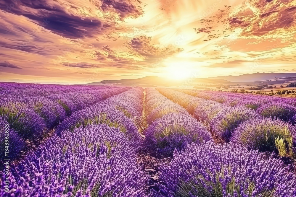 Obraz premium Lavender Field with Rows of Purple Blooms