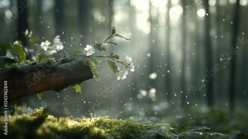 Forest blossom in gentle rain.  Sunlight filters through the trees