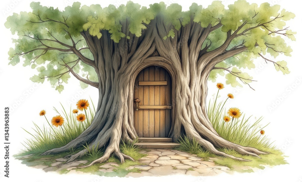 Whimsical tree with a wooden door Whimsical tree with a wooden door