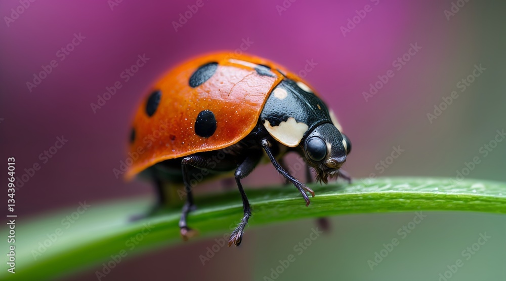 Fototapeta premium Ladybug on Leaf: Captivating close-up of a vibrant ladybug perched delicately on a vibrant green leaf, set against a soft, colorful backdrop. a miniature marvel of nature's design.