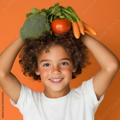 Fresh vegetables balance on a boys head promoting healthy eating for kids