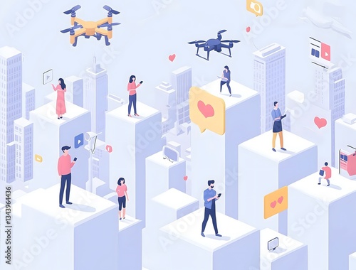 Isometric illustration of people using technology in a cityscape.