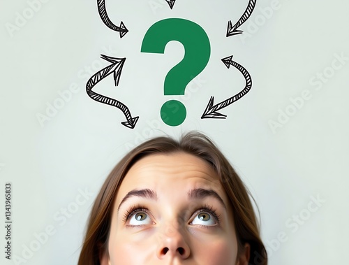 Curious woman looking up at a green question mark, surrounded by hand-drawn arrows in various directions, symbolizing decision-making, contemplation, and curiosity.