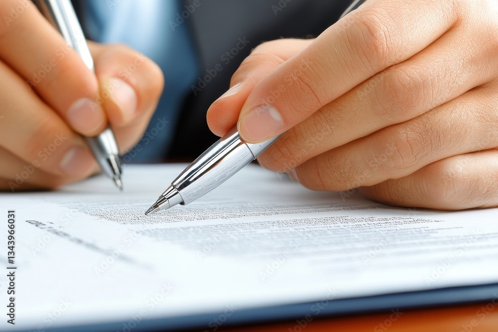 Professional Hands Holding Pens Over Document for Signing Agreement Professional Hands Holding Pens Over Document for Signing Agreement