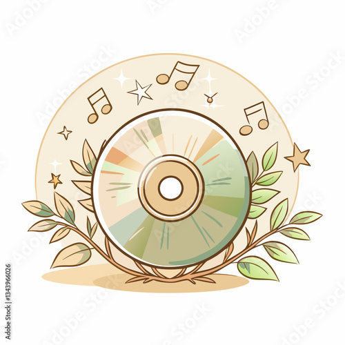Illustration of a music CD surrounded by musical notes and green leaves, depicting the concept of music appreciation, creativity, and the joy of listening to music in a serene setting.