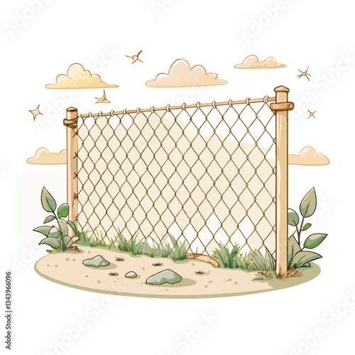 An illustrated wooden fence with a chain link design, set against a soft pastel background of clouds and greenery, symbolizing boundaries and protection in nature.