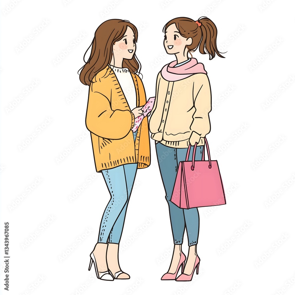Two stylish young women chatting and shopping Two stylish young women chatting and shopping