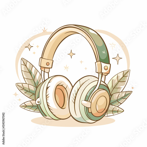 A pair of stylish green headphones with soft ear cushions, surrounded by decorative leaves, representing a passion for music, relaxation, and creativity in a peaceful environment.