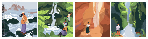 Nature landscape cards set. People in adventure, travel at sea, forest, waterfall, calm river, green jungle. Happy character outdoors, peaceful serene hiking, holiday. Flat vector illustrations