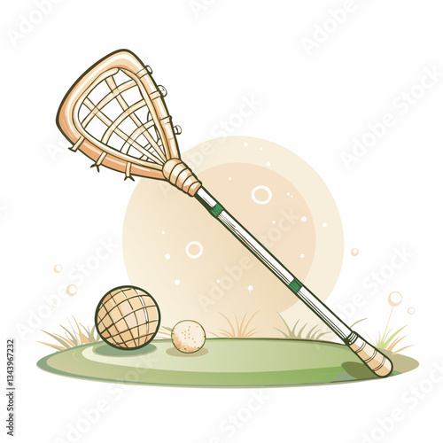 A lacrosse stick and balls on a grassy field, depicting the sport of lacrosse, outdoor recreation, athletic equipment, team sports, promoting physical activity and teamwork.