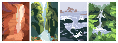 Calm nature cards. Peaceful landscapes backgrounds set. Travel posters with serene secluded wild environment, canyon, sea water and rocks, river, waterfall in green jungle. Flat vector illustrations
