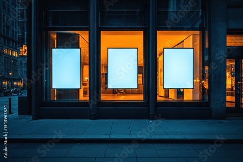 Empty Storefront Windows at Night with Neon Blue Light Glow